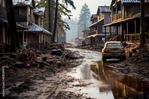 A car is parked on a muddy street. Generative AI. River flooding local village  desolation scene.