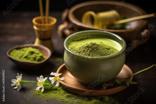 Green matcha tea drink on tray, AI Generated