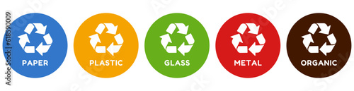 Vector recycling symbols: paper, plastic, glass, metal, organic. Recycle by colors illustration on white background. Perfect for stickers, posters, educational purposes, etc.