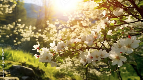 Vibrant spring scene  Blurred background with blooming trees  AI generated