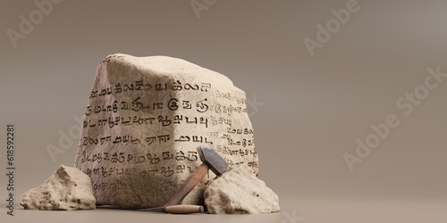 Tamil letters carved on the rock, 3d render photo