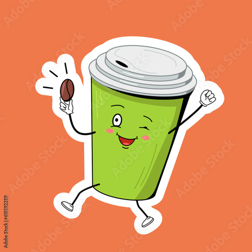 Funny cartoon colorful character coffee 
disposable cup with coffee bean ector illustration
