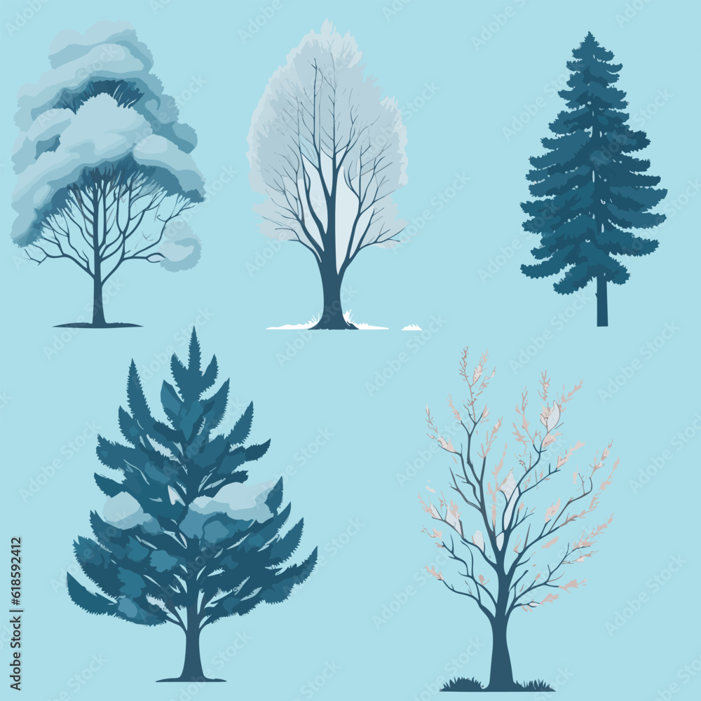 Fototapeta premium Minimal style tree painting hand drawn. Winter tree watercolor vector illustration. Set of graphics trees elements drawing for architecture and landscape design. 