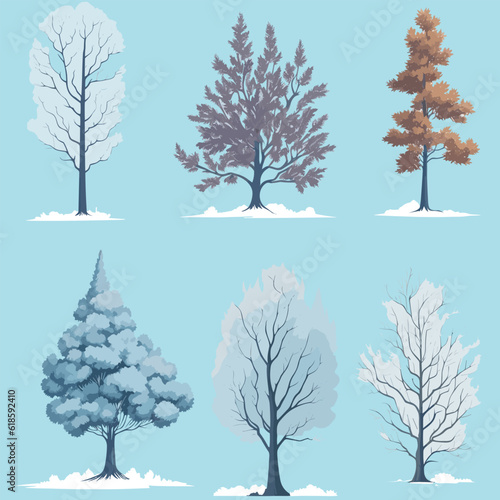 Minimal style tree painting hand drawn. Winter tree watercolor vector illustration. Set of graphics trees elements drawing for architecture and landscape design.	