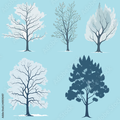 Minimal style tree painting hand drawn. Winter tree watercolor vector illustration. Set of graphics trees elements drawing for architecture and landscape design.	