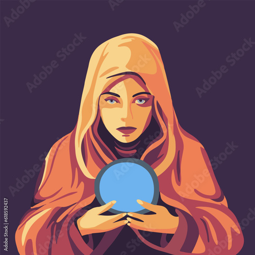 Vector isolated illustration of a witch with a magic ball. Prediction of the future.