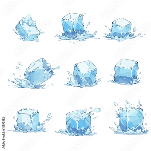 Ice cubes and melted ice cube. Cartoon ice cubes isolated on transparent background. Set of blue ice cube. Vector illustration EPS10