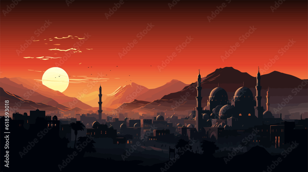 Arabian cityscape. Sunset town scenery. Old arabian cityscape. Horizontal illustration of big arab city at sunset. Vector illustration EPS10