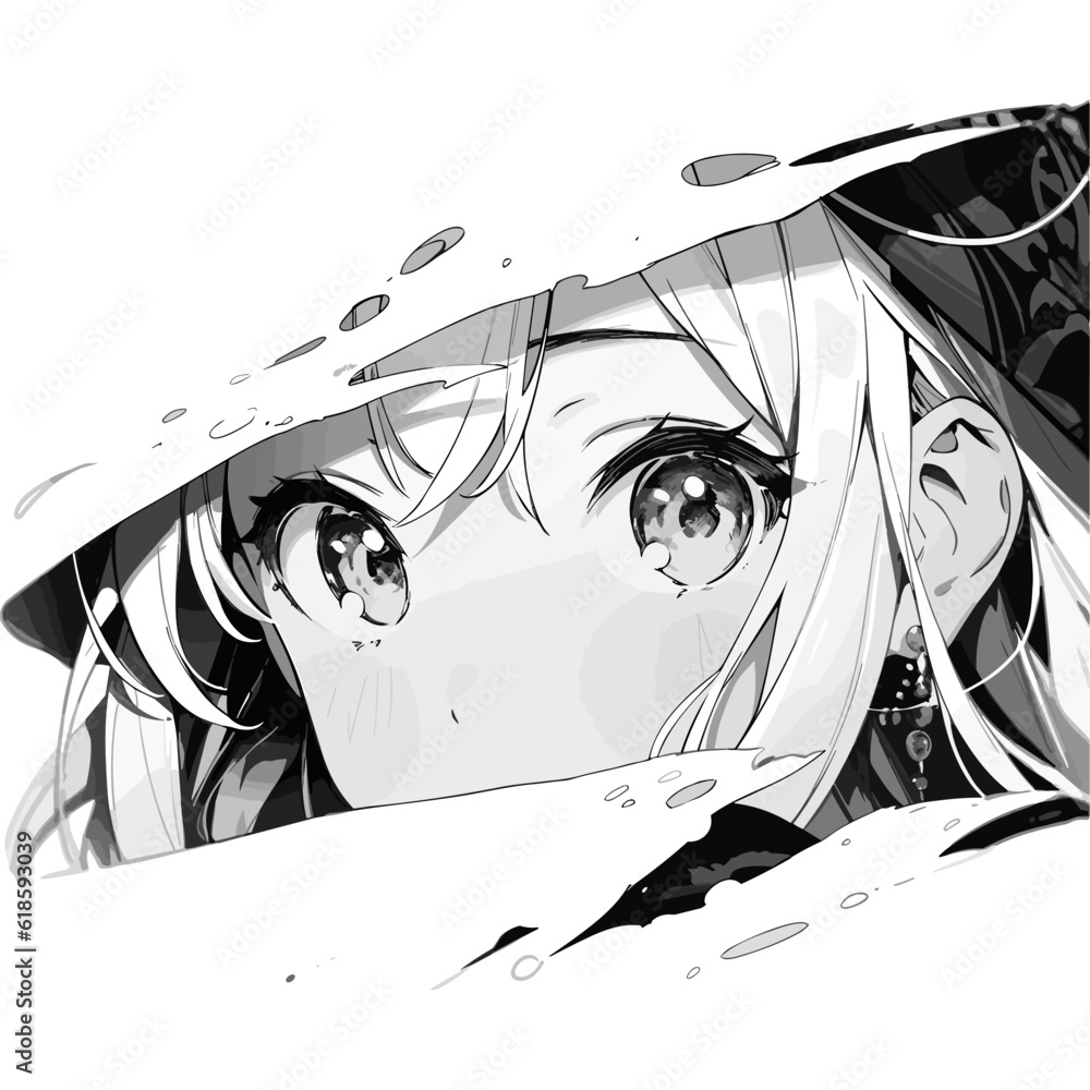 Fototapeta premium Manga eyes looking with paint dripping from her face. Drawing of black and white anime girl peeps out. Isolated on white background. Vector illustration EPS10