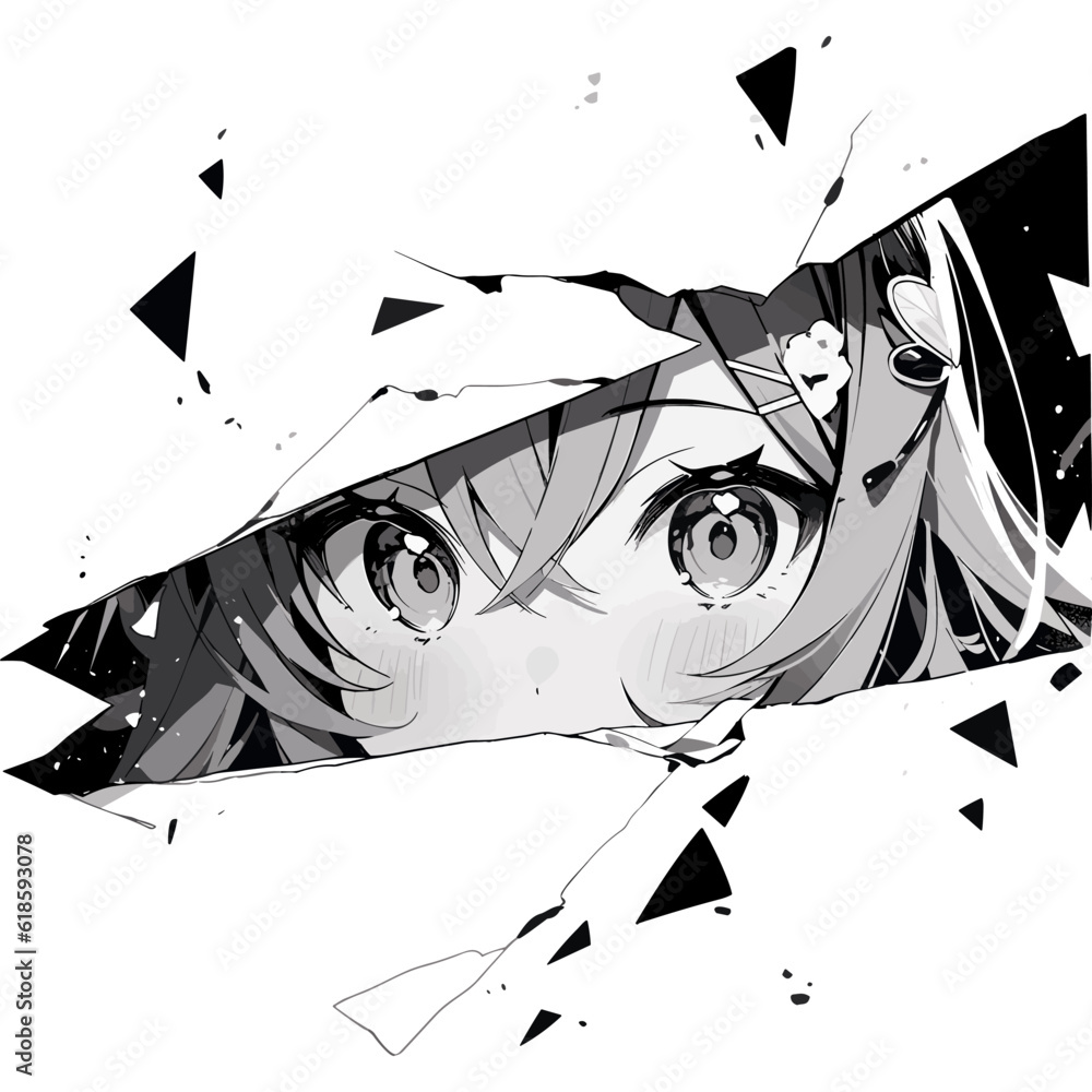 Fototapeta premium Manga eyes looking with paint dripping from her face. Drawing of black and white anime girl peeps out. Isolated on white background. Vector illustration EPS10