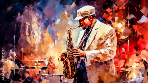 Fotografiet Independent Jazz Musicians Playing Solo Instruments Abstract Illustration and Pa