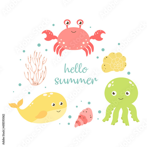 hello summer marine print with sea animals