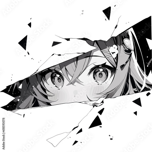Manga eyes looking with paint dripping from her face. Drawing of black and white anime girl peeps out. Isolated on white background. Vector illustration EPS10