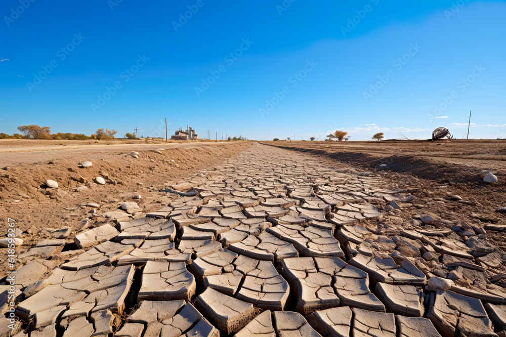 Fototapeta premium Drought, dry cracker earch on fields hit by lack of rain outside a large city.
