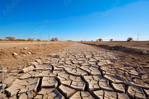 Drought, dry cracker earch on fields hit by lack of rain outside a large city.