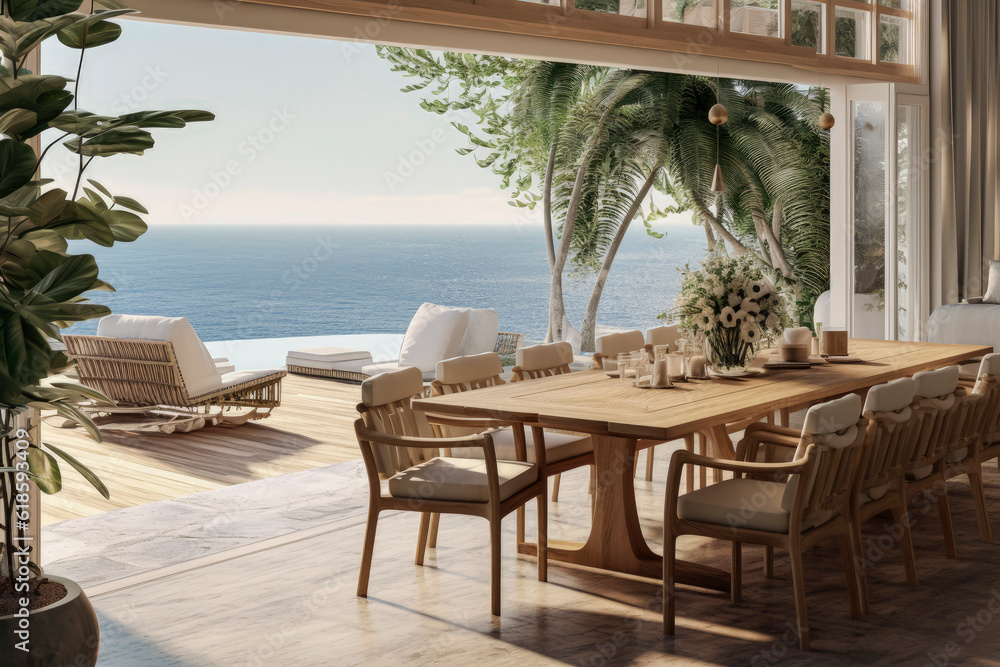 Obraz premium Generative AI illustration of dining room with luxury table and chairs overlooking the ocean with natural light.