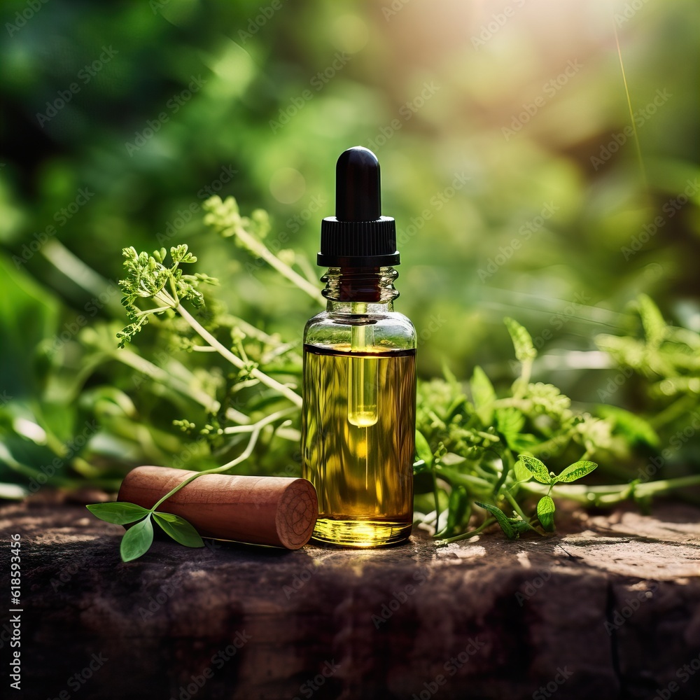 Dropper bottle styled mockup, cosmetic serum oil container template on botanical background with wood and plants, beauty product design-ready packaging Dropper bottle styled mockup, cosmetic serum oil container template on botanical background with wood and plants, beauty product design-ready packaging