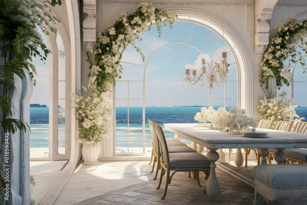 Generative AI illustration of dining room with luxury table and chairs overlooking the ocean with natural light.