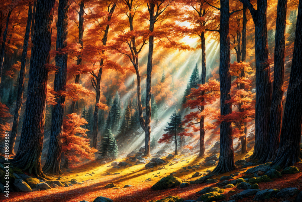 Naklejka premium Nature landscape of forest, painting, Generative AI illustrations
