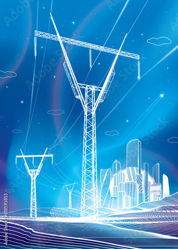 High voltage transmission systems. Power lines. Night illumination city. Neon glow landscape. Business town center at background. White outlines on blue background. Vector design art