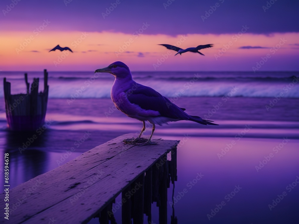 Wonderful seagull on the wooden platform in the evening, sea, ocean, birds, ship. AI Generated.