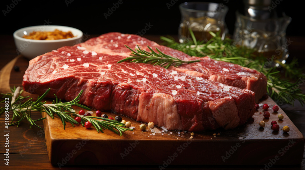 photorealism of Two raw rib eye steak on a wooden Board on a table prepared for the grill,ai generater.