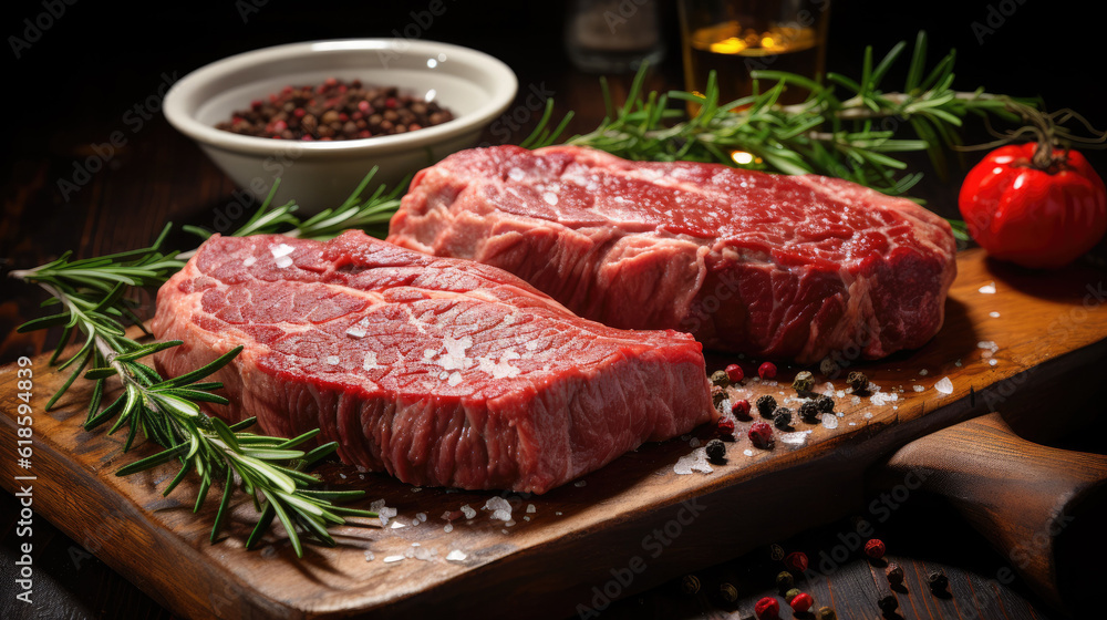 photorealism of Two raw rib eye steak on a wooden Board on a table prepared for the grill,ai generater. photorealism of Two raw rib eye steak on a wooden Board on a table prepared for the grill,ai generater.