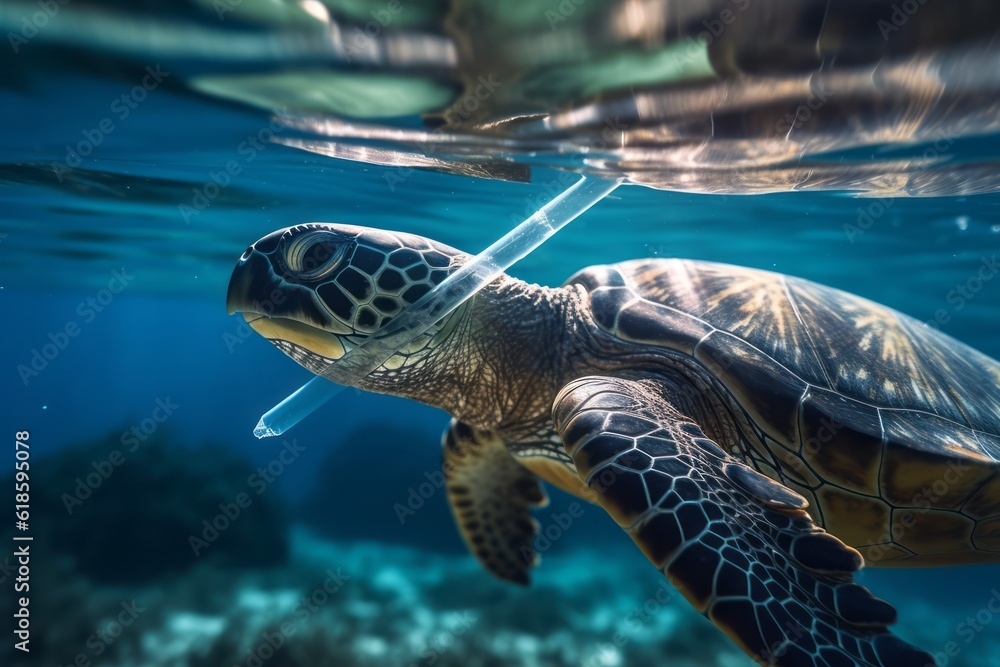 A powerful underwater shot of a plastic straw lodged in the nostril of