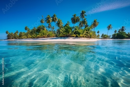 Vibrant image of a tropical island with lush palm trees, white sandy beaches, and clear blue skies, representing paradise and relaxation. Generative AI