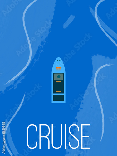 Sailing on the sea, experience exploration journey for adventure - vector hand drawn waves around the ship