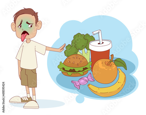 Eating disorder. The cartoon kid refuses to eat. Healthcare illustration. Medical illustration. Vector illustration. 