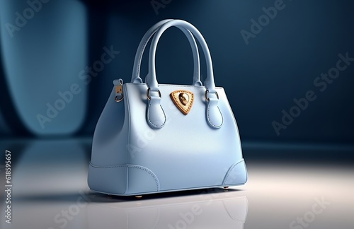 A beautiful women's handbag, featuring a trendy and smooth design in gentle blue color, captured against a light blue studio background. Created with Generative AI technology © mafizul_islam