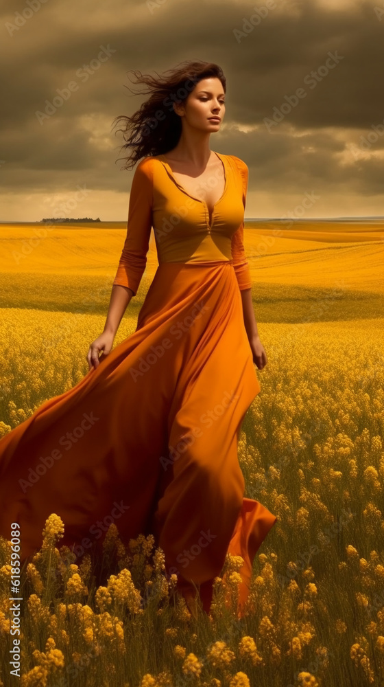 Obraz premium beautiful young woman in a dress walks through the field. painting