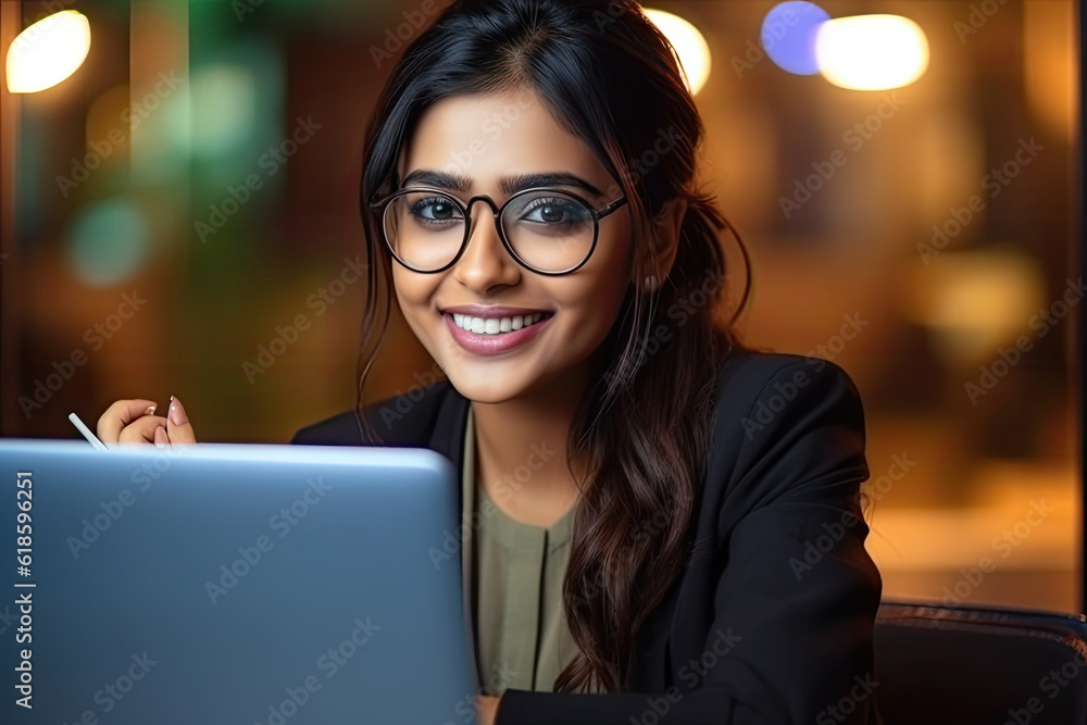 Portrait of happy beautiful indian woman using handphone and computer at office, creative working Portrait of happy beautiful indian woman using handphone and computer at office, creative working