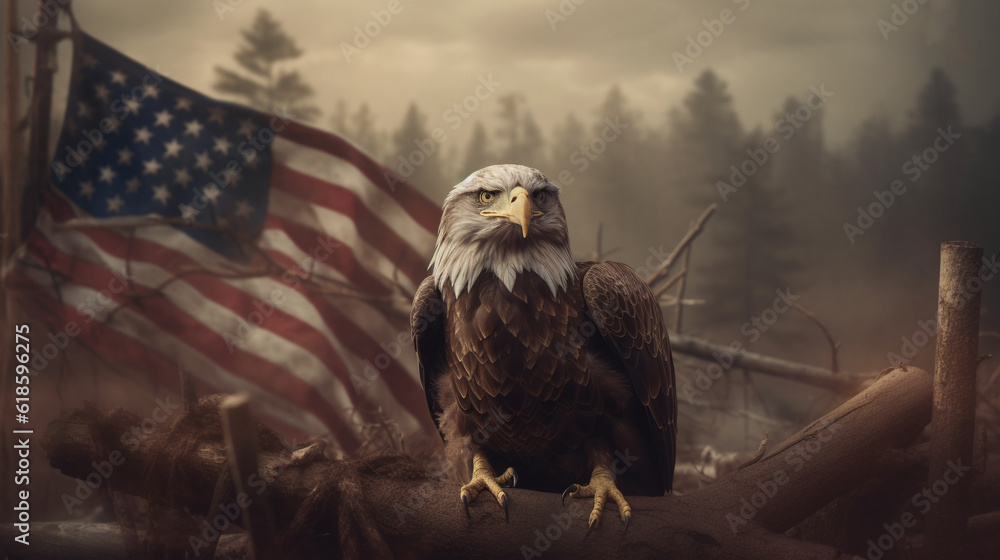 Orzeł na Gałęzi przed Flagą USA - Surrealistyczna Ilustracja - obrazy, fototapety, plakaty 