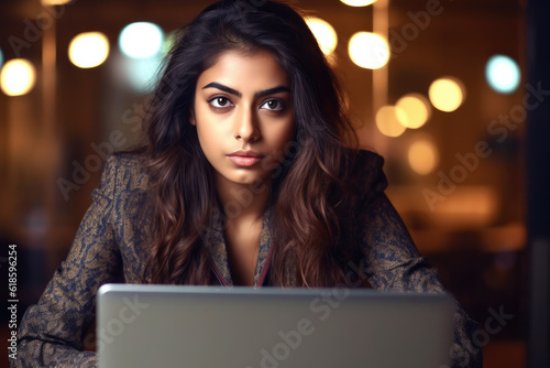 Portrait of happy beautiful indian woman using handphone and computer at office, creative working