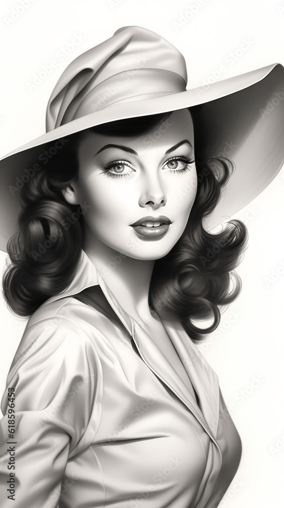 Fototapeta premium Pencil drawing of a young beautiful woman in a hat