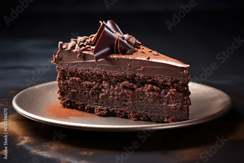 delicious piece of chocolate cake on white plate and black background