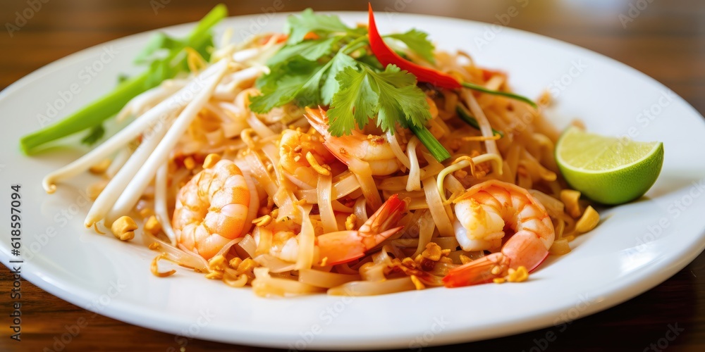 pad thai on white plate created with Generative AI pad thai on white plate created with Generative AI