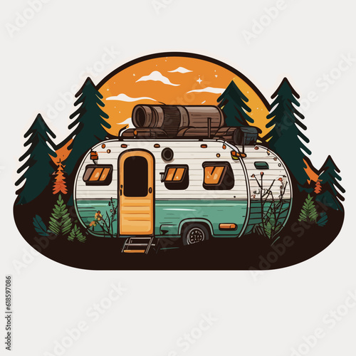 Summer holidays and camping. Travel by caravan for adventure. Family trip. Cartoon vector illustration.