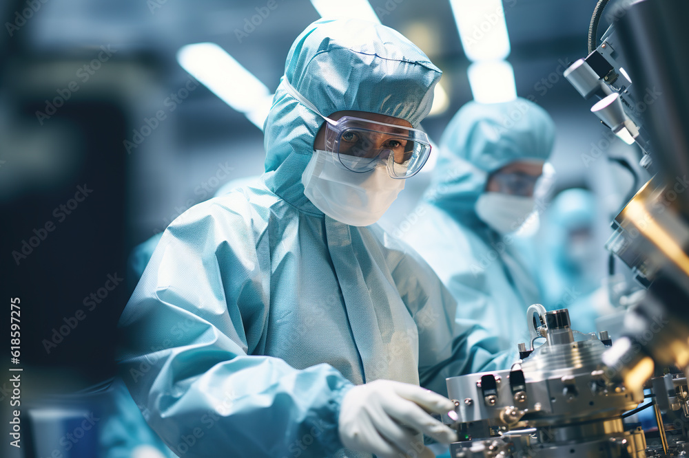 A group of people in protective gear working on a machine. Generative AI. Workers in protective wear in industrial manufacturing cleanroom environment. A group of people in protective gear working on a machine. Generative AI. Workers in protective wear in industrial manufacturing cleanroom environment.