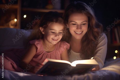 Family before going to bed mother reads to her child a book near a lamp in the evening