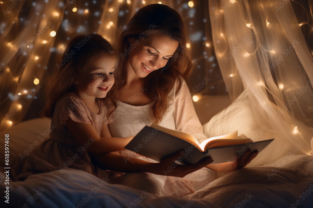 Family before going to bed mother reads to her child a book near a lamp in the evening Family before going to bed mother reads to her child a book near a lamp in the evening