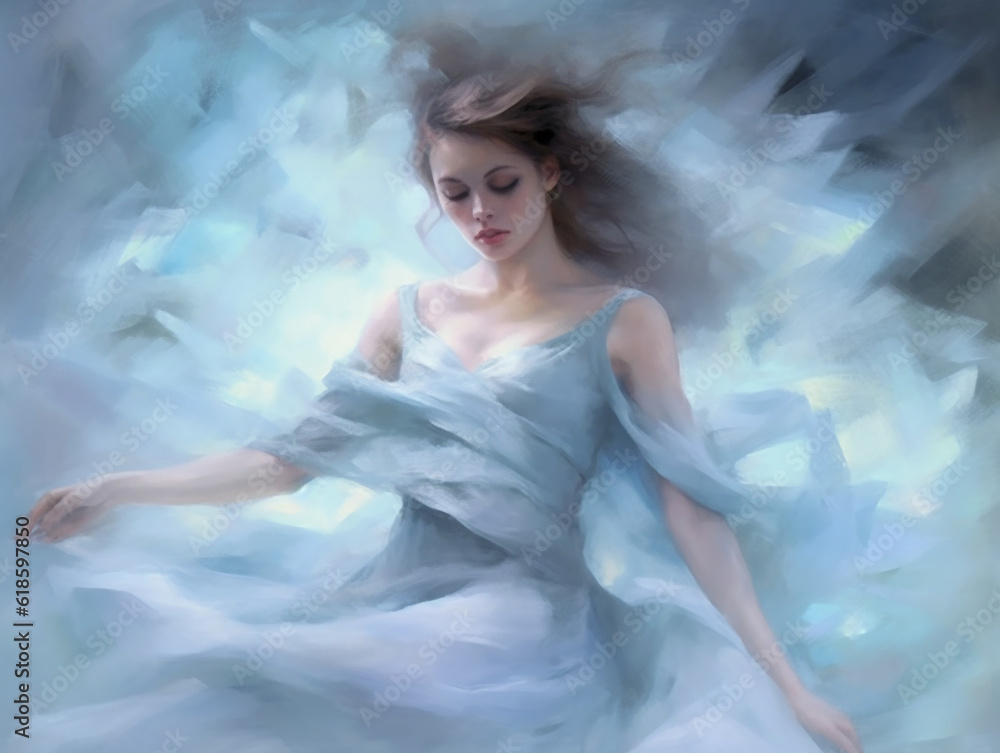 A beautiful girl in an airy blue dress on a blue background. Painting