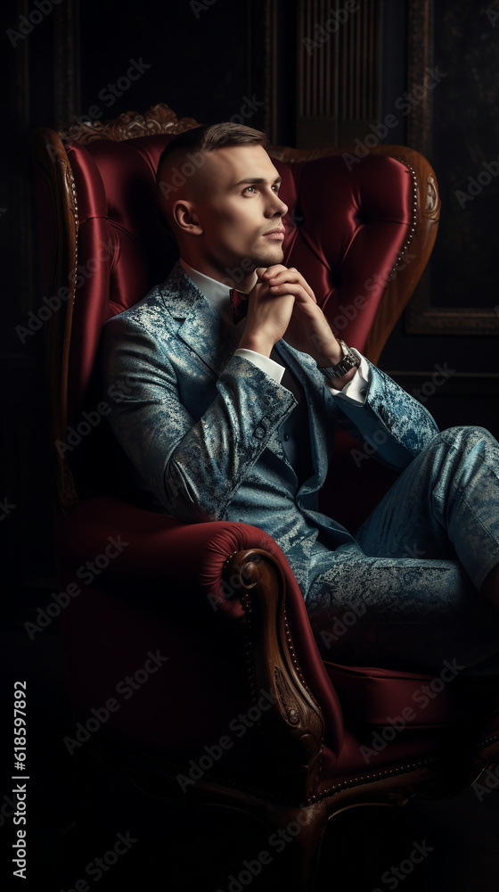 a man in an expensive suit sits in a chair