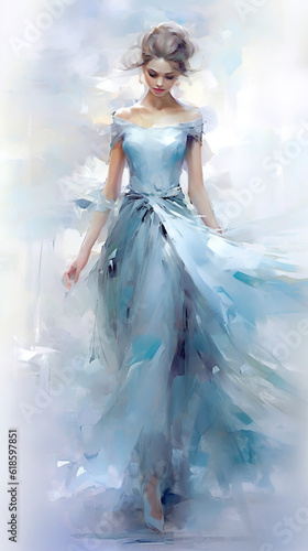 girl in a light blue dress on an abstract colorful background. Drawing