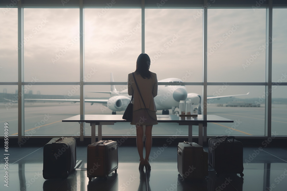 Young woman at the airport window looking to the planes Young woman at the airport window looking to the planes