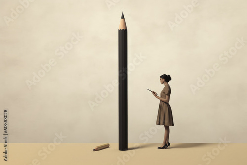 Woman standing next to a large sharpened pencil