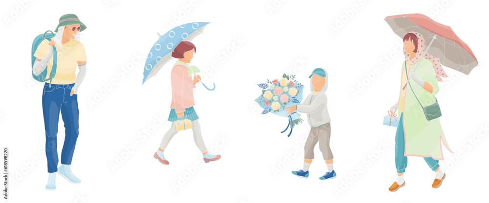woman with umbrella and man in a protective hat, boy and girl in protective clothes against the solar radiation and UV ultraviolet in the city life, color vector illustration