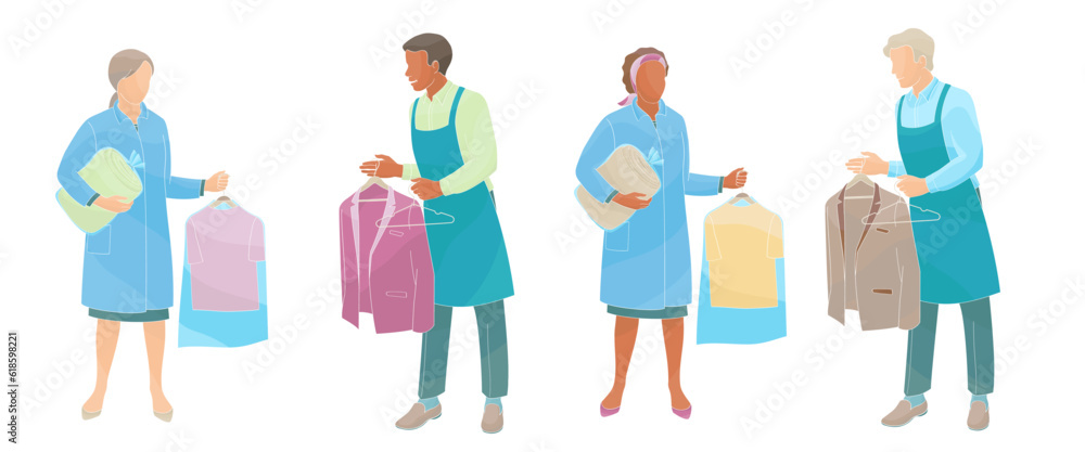 dry Cleaning and laundry service staff smiling characters in uniform color vector illustration dry Cleaning and laundry service staff smiling characters in uniform color vector illustration